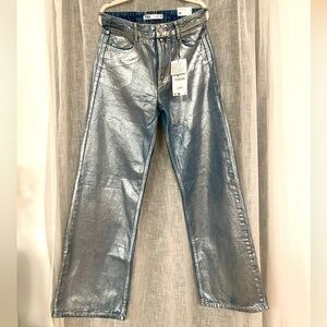 NWT Zara Silver Metallic Mid Rise Straight Jeans